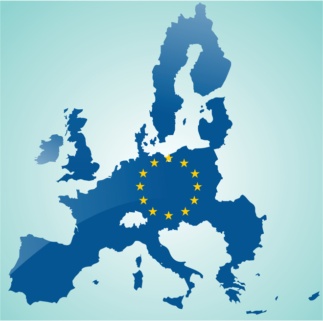 Kartbild över Europa med EU-stjärnorna i mitten av bilden.