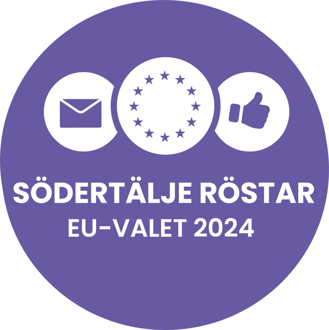 En logga i lila med texten Södertälje röstar och EU-valet 2024.