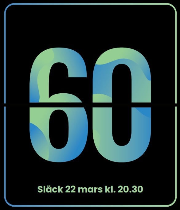 svart bakgrund blågrön logga Earth Hour 60  min