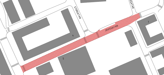 Bild på karta där Jovisgatan ska asfalteras. På kartan är arbetszonen för asfalteringen rödmarkerad för att visa området som kommer att asfalteras.