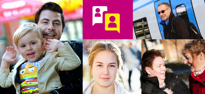 Bilder på människor i olika miljöer på olika platser i Södertälje; man som håller upp ett barn, man vid ett pendeltåg, två kvinnor som pratar med varandra.