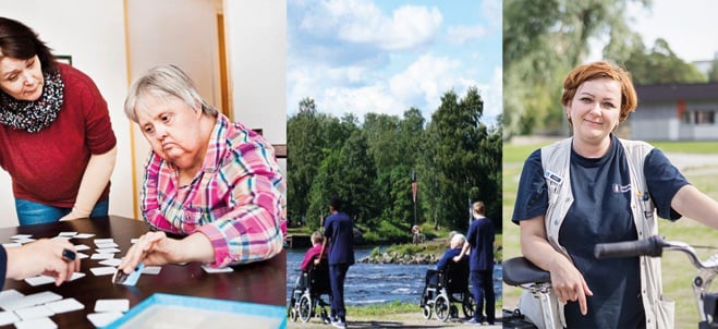 Fotokollage med människor som arbetar inom äldreomsorgen.