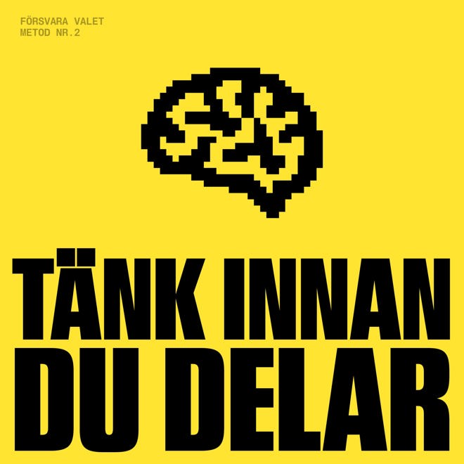 gul text med svart text Tänk innan du delar