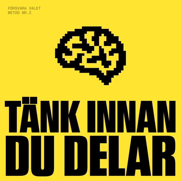 gul text med svart text Tänk innan du delar
