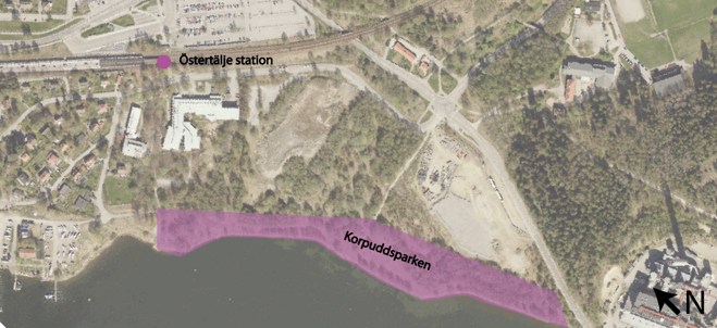 Kartbild över området i Östertälje där parken ska anläggas.