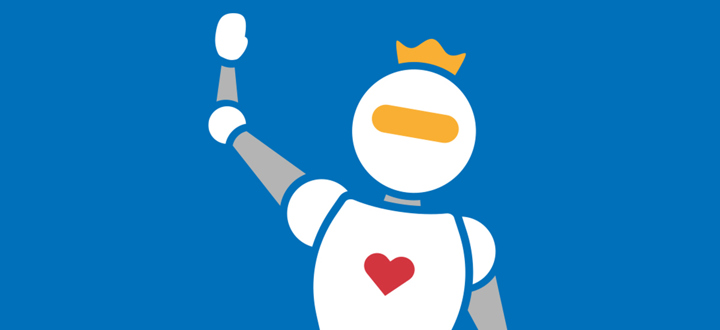 Illustration på en robot som vinkar. Roboten har en krona på huvudet och ett hjärta på bröstet.