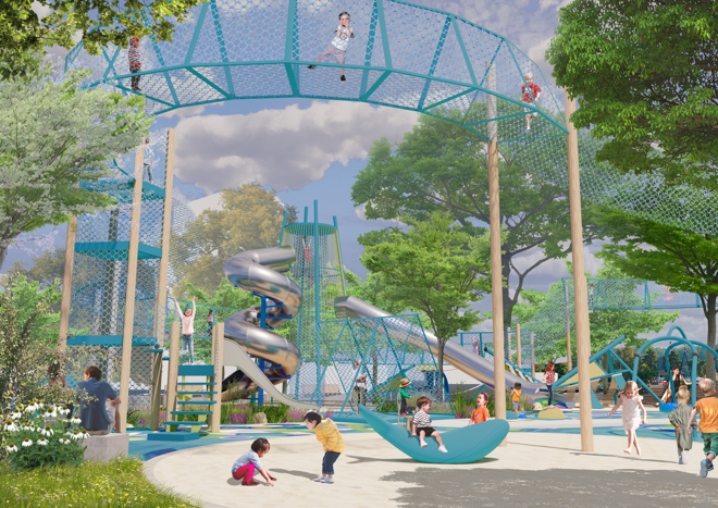 Illustration över lekplats vid kanalen med tunnelnät högt upp i luften, barn som springer runt.