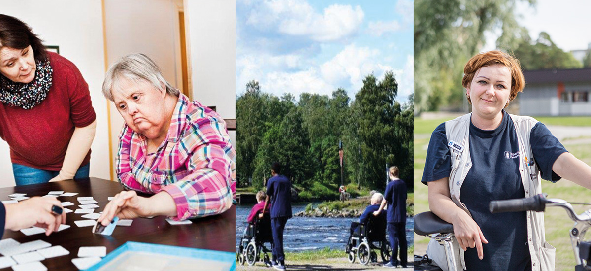 Fotocollage. Bilder på personer som arbetar inom vård och omsorg.