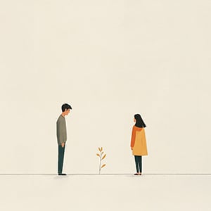 En illustration med två människor som tittar på en växt.
