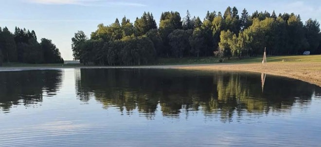 Vattenyta vid badstrand med skogsparti i bakgrunden.