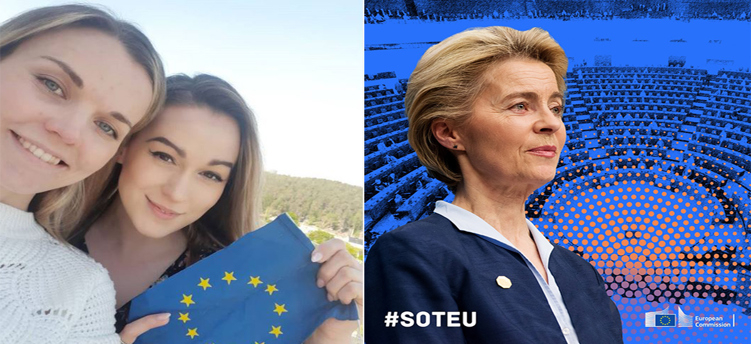 Bilden visar Rebecka Ryblad och Johanna Stephan från Europa Direkt Södertälje och Ursula von der Leyen, ordförande i EU-kommissionen.