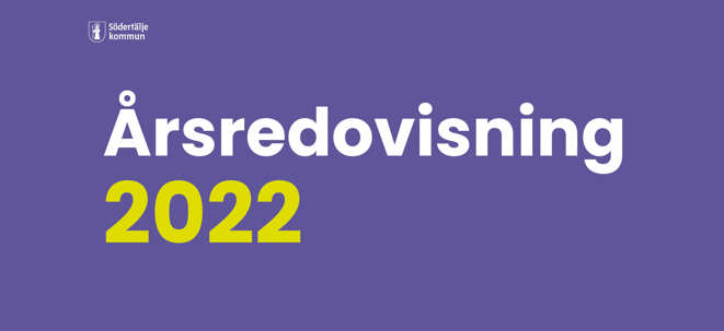 Årsredovisning 2022 skrivet i vitt och gult på lila botten.
