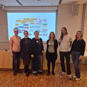 Från vänster Kristoffer Zetterberg Samordningsförbundet, Rita Grunbaum Södertälje kommun, Maria Wallin, Relationsvåldscenter, Annika Ramstedt Södertäljejourerna, Andreas Persson Budget- och skuldrådgivning, Ingrid Sörman Samordningsförbundet.