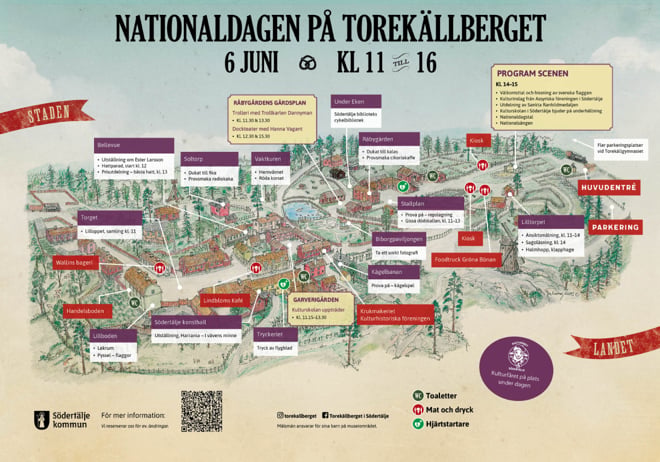 Karta över Torekällberget och de aktiviteter som kommer ske där under firandet på nationaldagen.