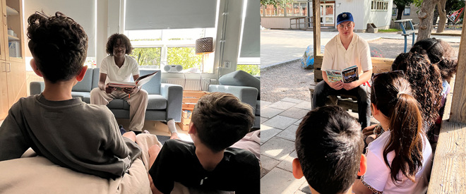 Bild på Faisal när han högläser och på Nils när han läser för barnen utomhus.