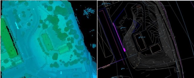 Bilden visar exempel på höjdinformation från laserscanning (vänster) och utdrag från baskartan (höger).