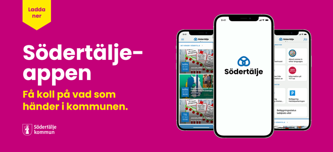 Annonsvy för Södertäljeappen med rosa bakgrund.