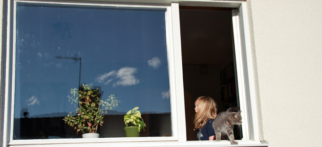 Ett barn som går förbi ett öppet fönster. En katt går ut ur samma fönster.