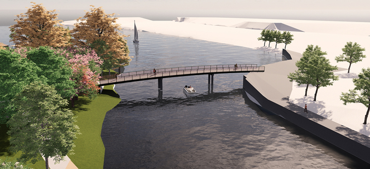 Skiss över nya bron från Borgmästarparken till Slussholmen