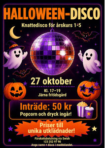 Affisch med discokula, vänliga spöken och Halloweenpumpor.