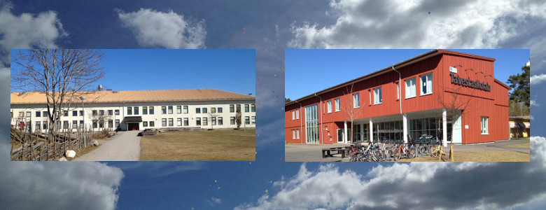 Kollage med två bilder bestående av exteriörbilder på Eneskolan och Tavestaskolan. Järna grundskola består av båda skolorna.
