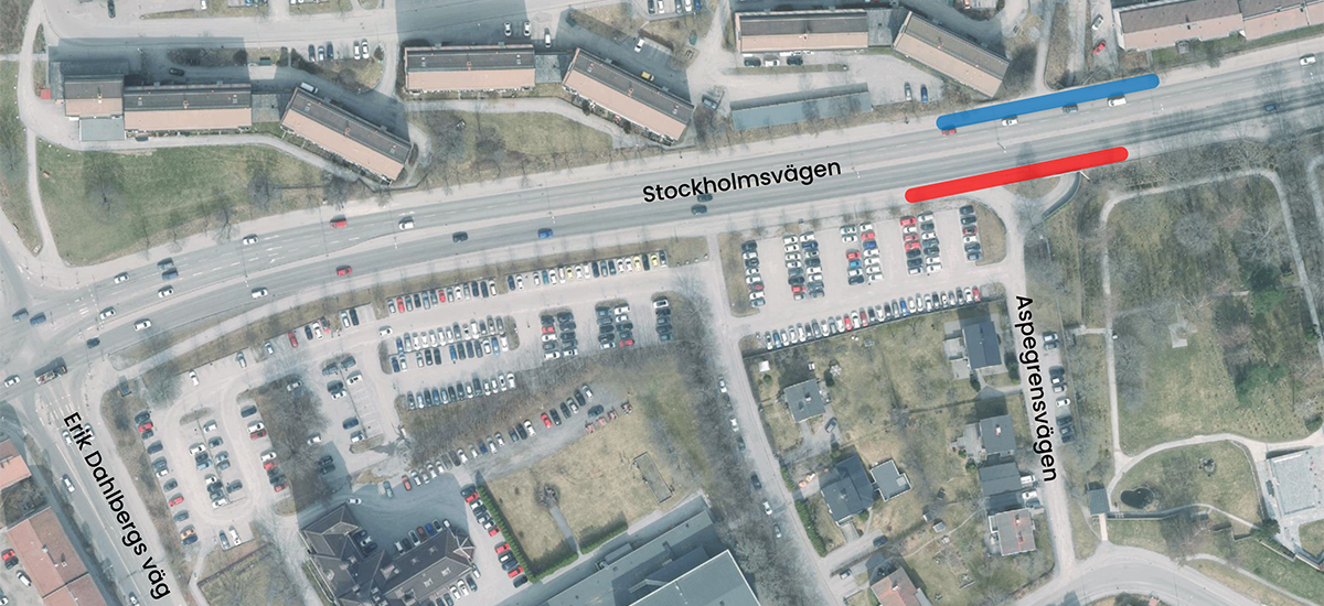 Bild som visar Stockholmsvägen, med markering för gång- och cykeltunnel.