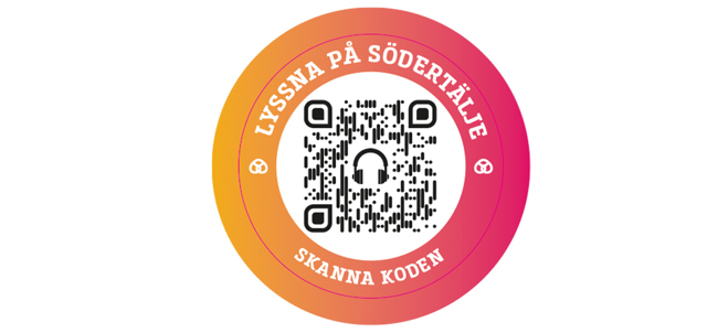Logotyp med scanningskod för podden Lyssna på Södertälje.