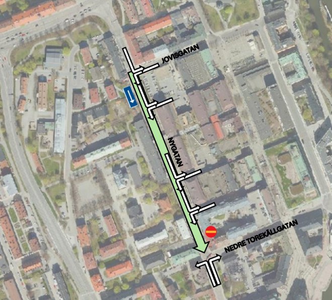 Kartbild som visar den del av Nygatan som ska enkelriktas