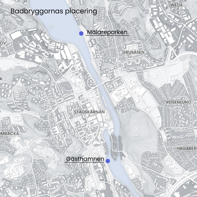 Bild på kartutsnitt över badbryggorna i Södertälje.