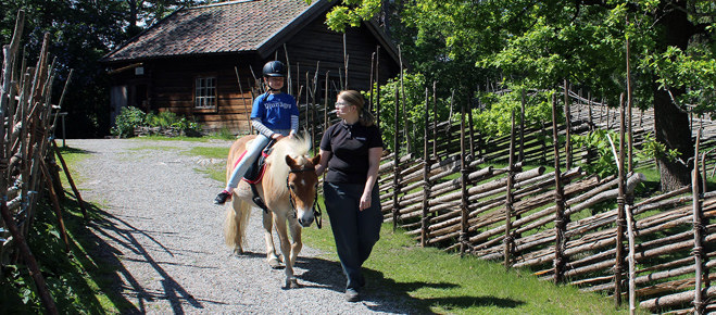 Ett barn rider på en ponny på Torekällberget