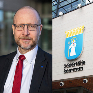 Bild på stadsdirektör Magnus Gyllestad samt Södertälje stadshus.