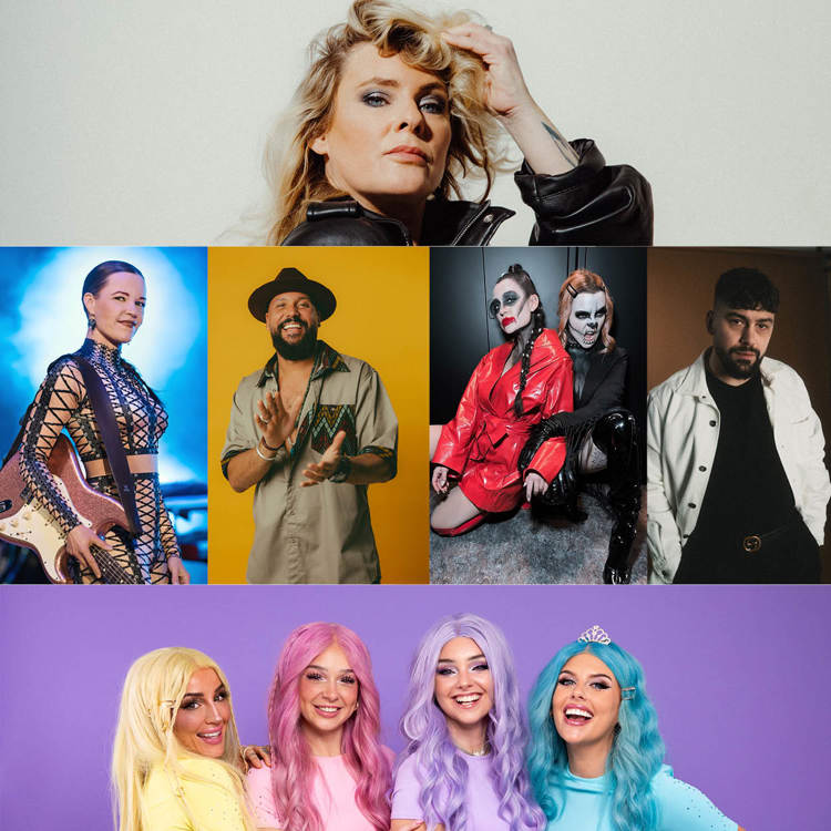 Bildcollage över artister som uppträder på Södertäljefestivalen år 2025.