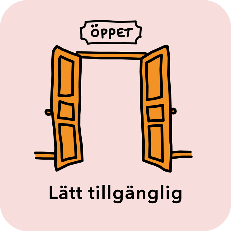 Illustration på en öppen dörr med texten lätt tillgänglig under dörren och en skylt med texten öppet ovanför dörren.