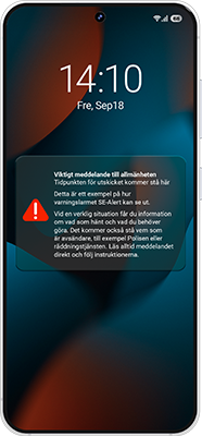 Bild på hur det ser ut när SE-alert skickar ut meddelande i mobilen.