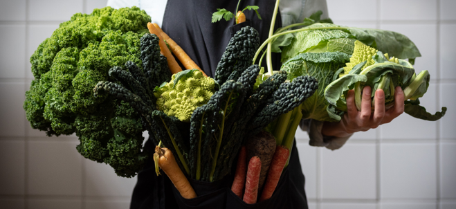 Bild på en persons överkropp. Personen håller i en mängd olika grönsaker som morötter och salladshuvuden.