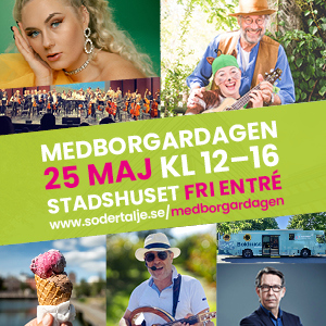 Annonsbild med bilder och text där det står Medborgardagen 25 maj kl 12-16 Stadshuset Fri entré.