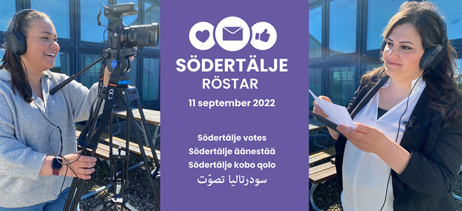 Camilla Hjort, kommunikatör, spelar in faktafilm om valen med modersmålsläraren Arwad Marouki.