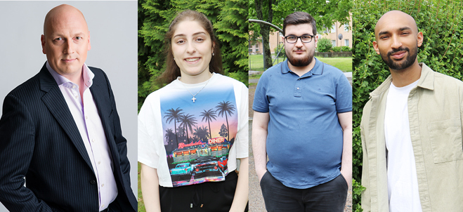 Lasse Karlsson (till vänster) är moderator för debatten, till sin hjälp har han valinformatörerna Rozy, Shamash och Wasay.