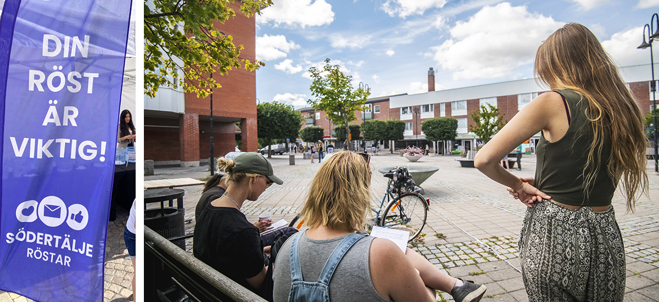 Ungdomar sitter och står på ett torg.