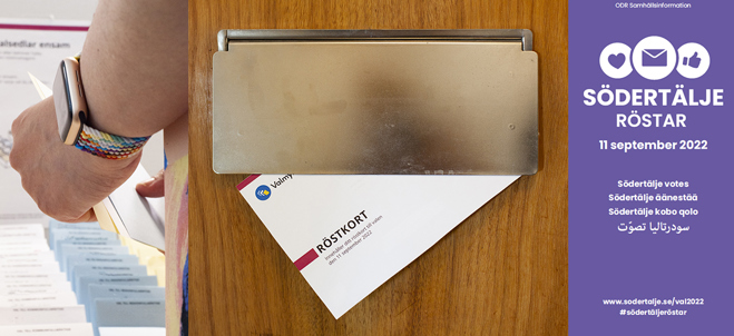 Bild på röstkort och informationsbroschyr om val som Södertälje kommun har tagit fram.